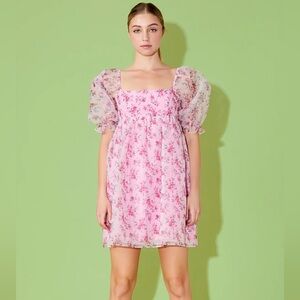 Endless Rose pink floral puff sleeve organza baby doll dress